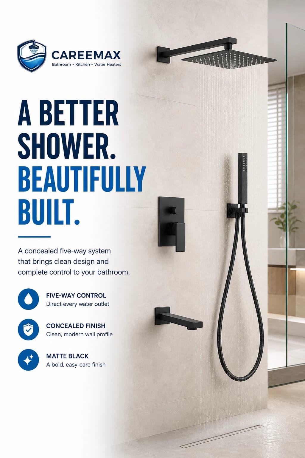 CAREEMAX matte-black five-way concealed shower system