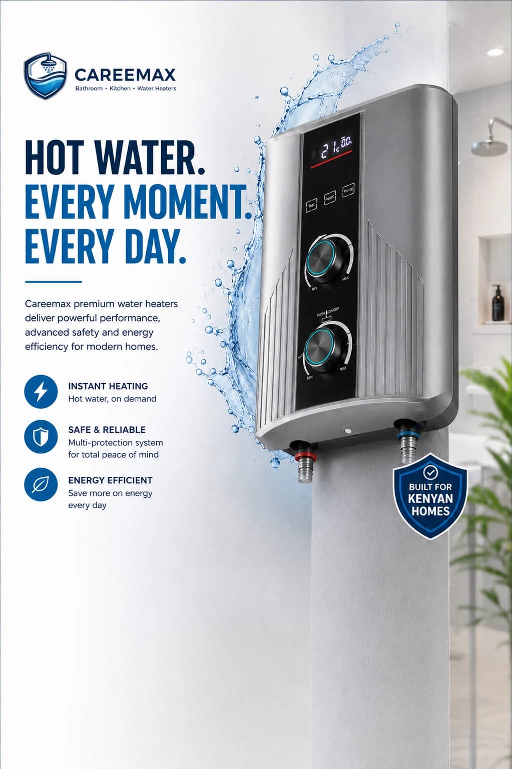 CAREEMAX instant water heater with instant heating, safety and energy-efficiency information